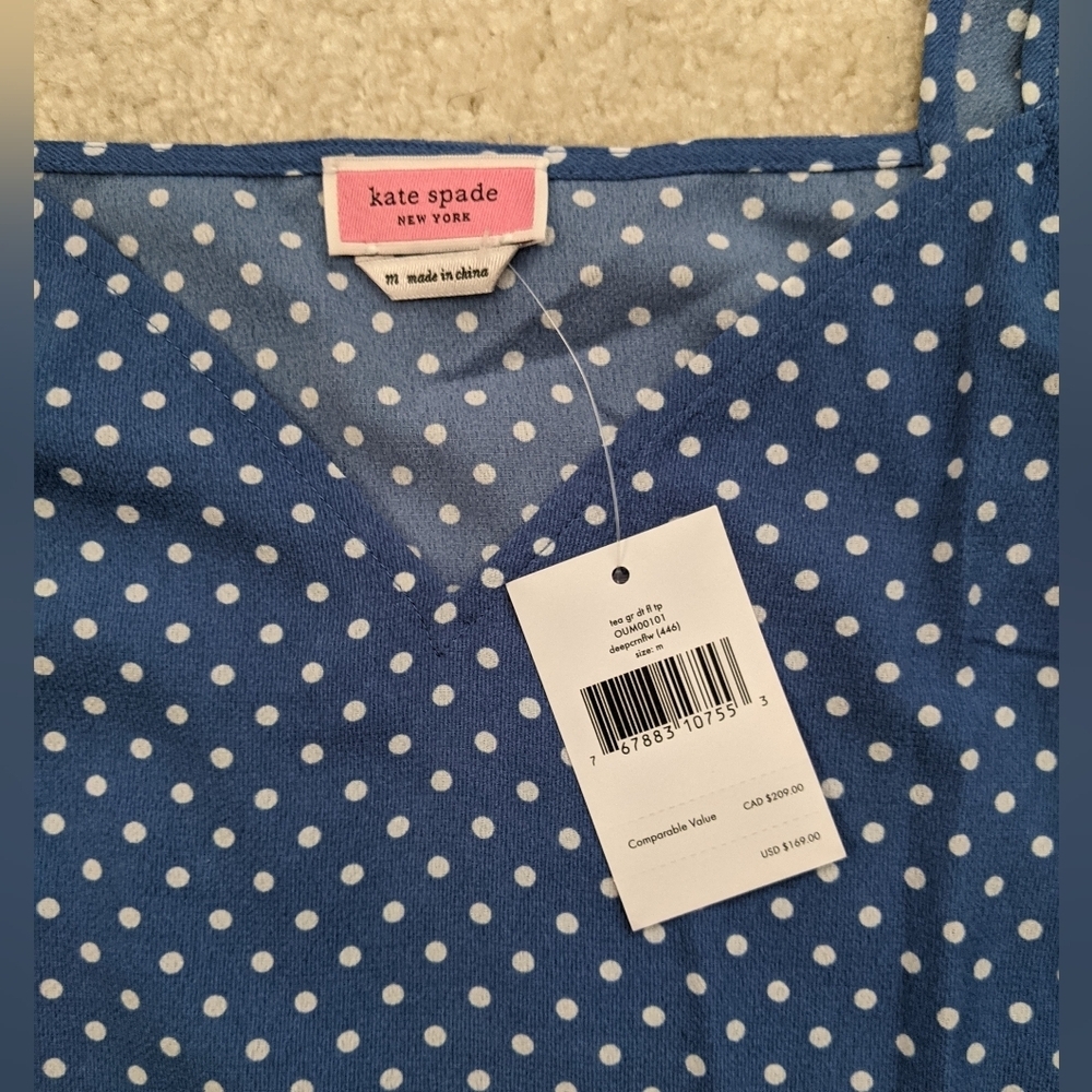 NWT Kate Spade blue white polka dot sleeveless blouse - Picture 3 of 5
